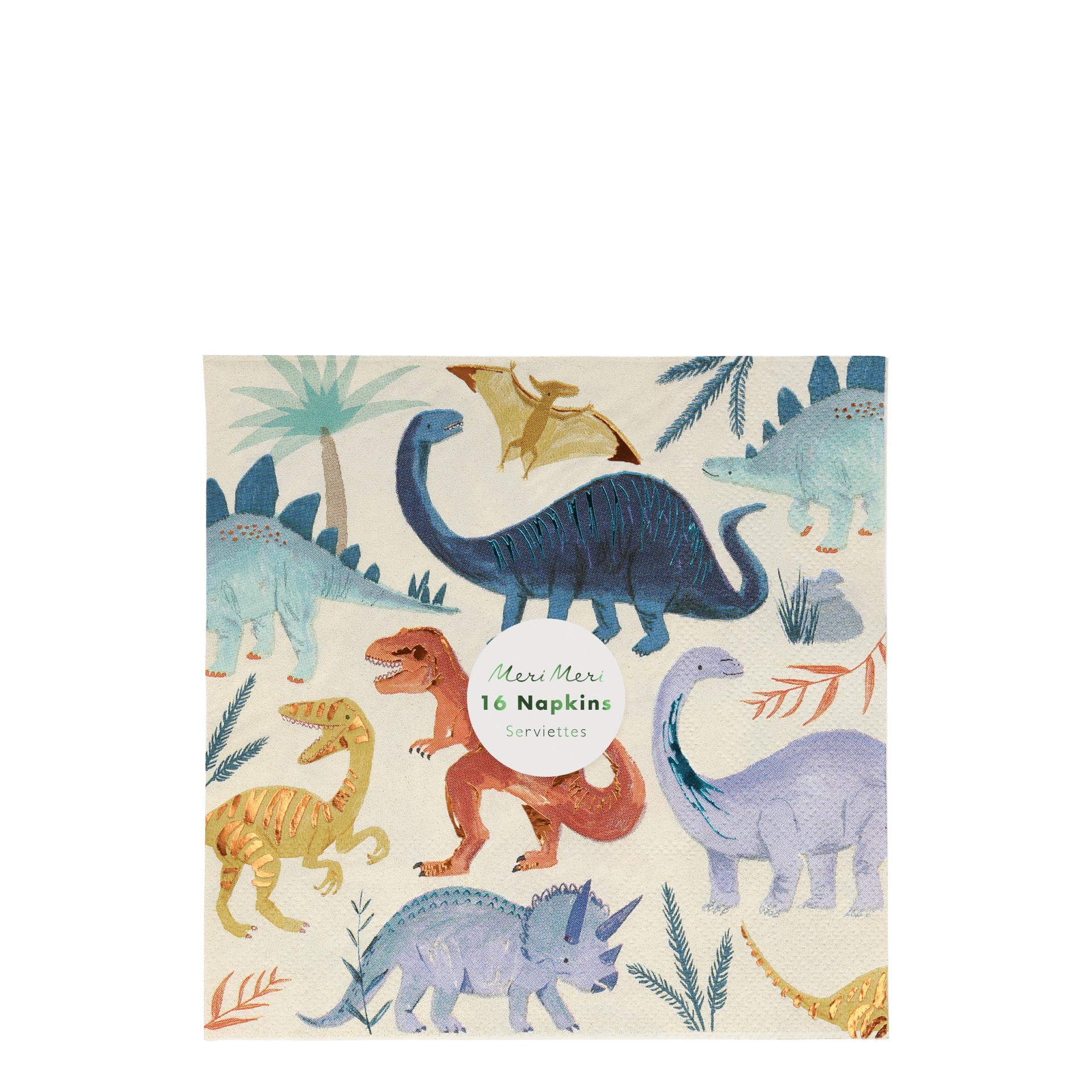 Guardanapo de papel com estampa de dinossauros coloridos e texto informativo