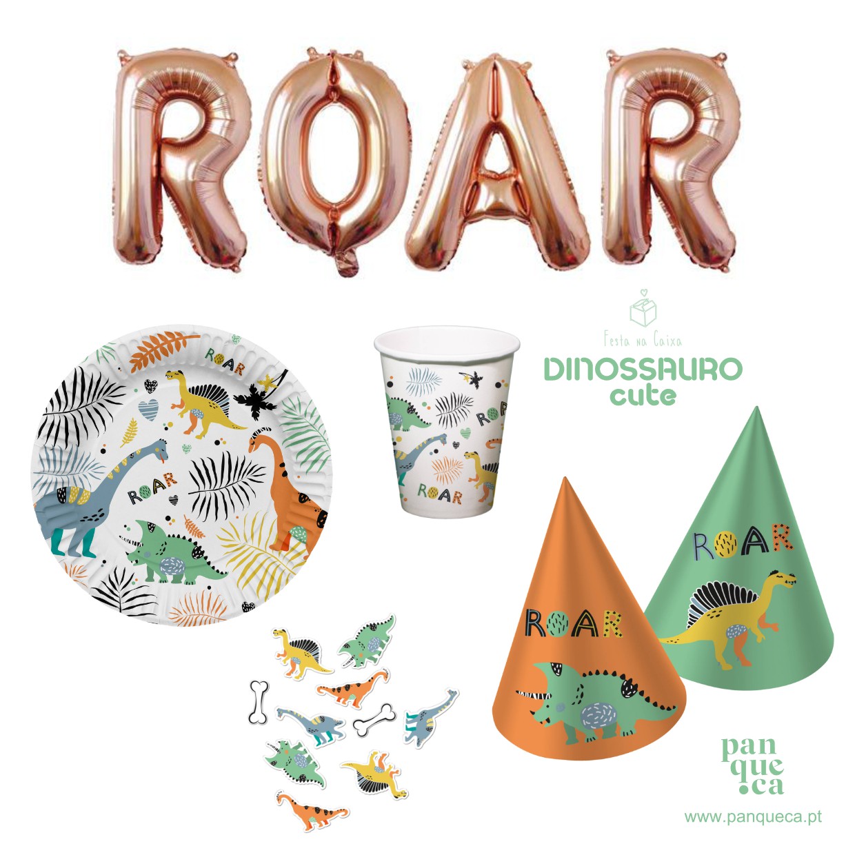 Artigos festa dinossauro: balões letras ROAR dourados, pratos, copos, chapéus e confetes com dinossauros.