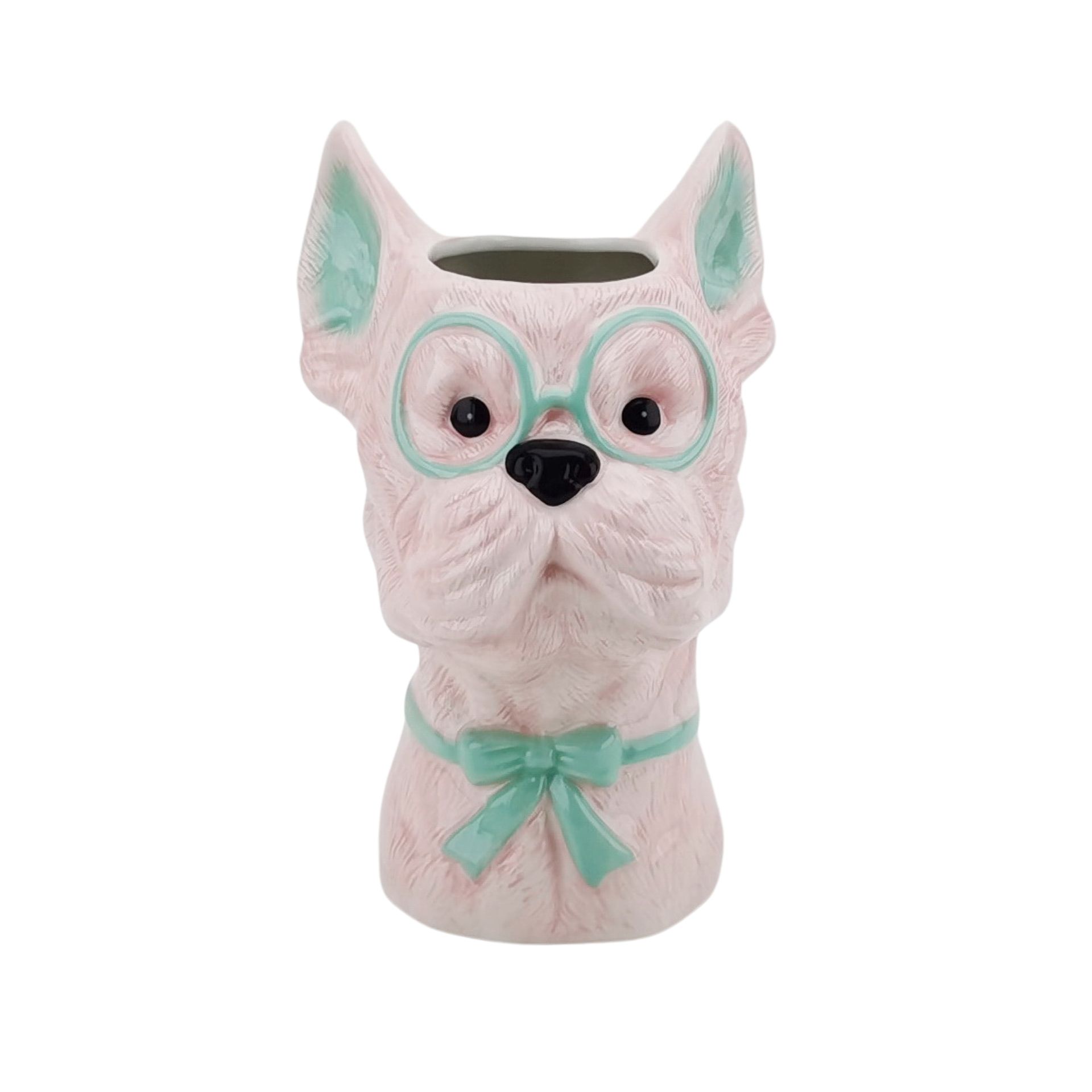 Vaso cerâmico cabeça de cão rosa com óculos e laço verde