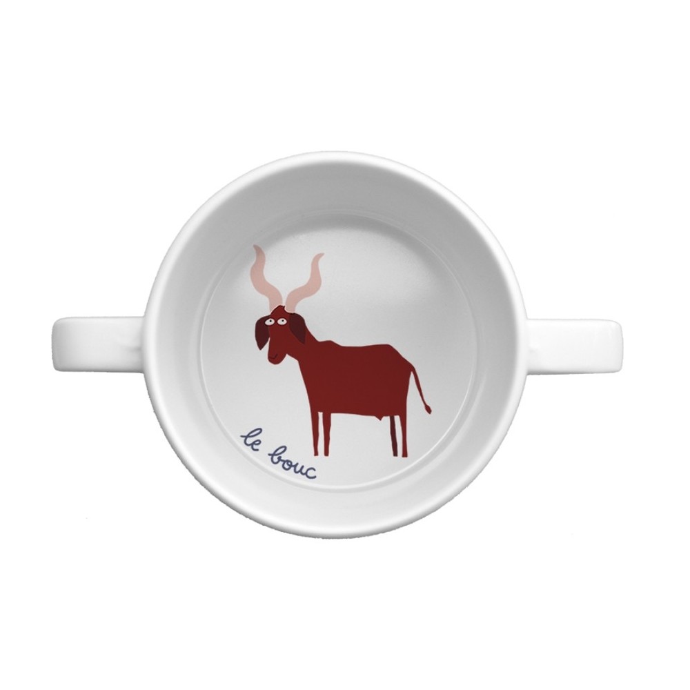 Tigela branca com ilustração de carneiro e texto 'le bouc' no interior.