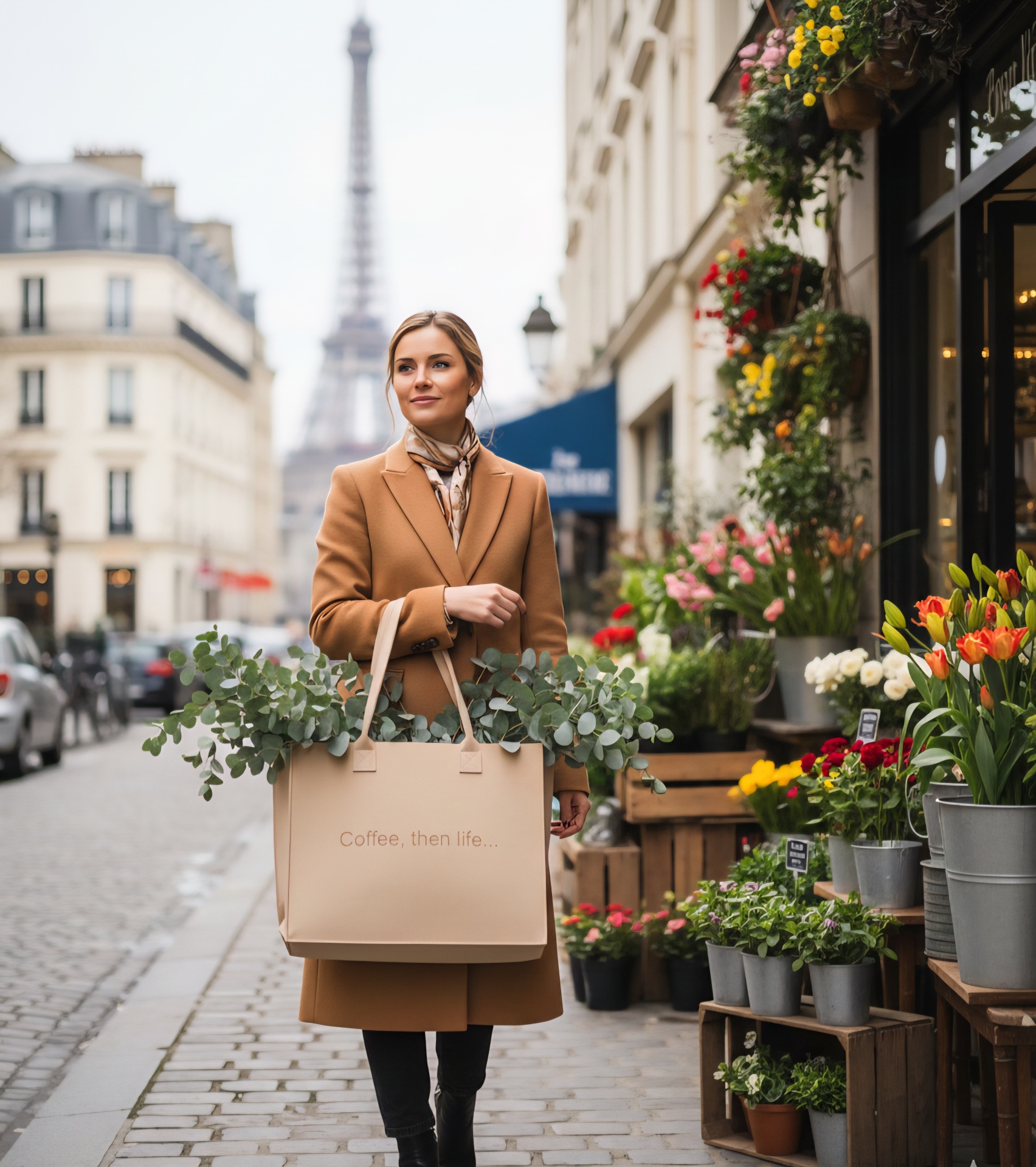 Mulher com casaco bege segurando saco com folhas verdes numa rua com loja de flores e Torre Eiffel ao fundo