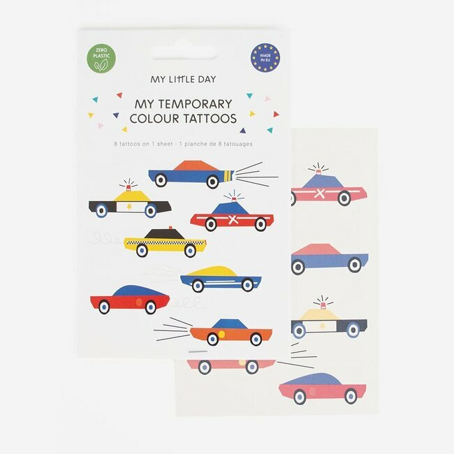 Pacote de tatuagens temporárias com desenhos de carros coloridos