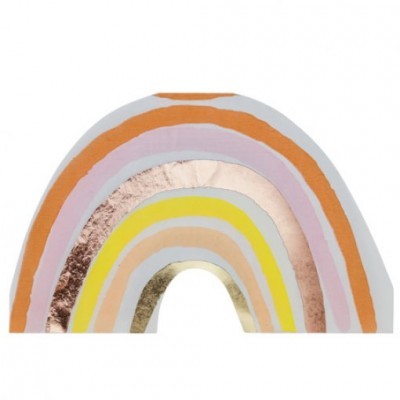 Arco-íris estilizado com arcos em laranja, rosa, dourado metálico, amarelo e bege