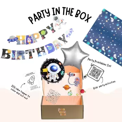 Kit de festa temática espacial com balões e decoração de 'Happy Birthday'