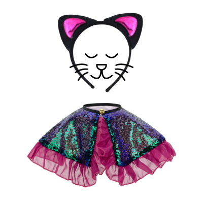 Kit disfarce tiara orelhas gato preta e rosa com capa lantejoulas azul verde e tecido rodado vinho