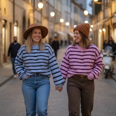 Duas mulheres a caminhar com camisolas riscas azul e rosa e acessórios castanhos numa rua à noite