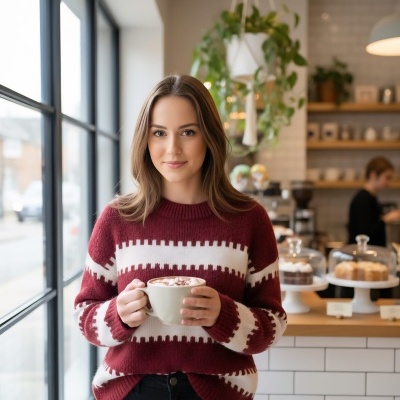 Mulher com suéter vermelho e branco segurando caneca em café com plantas e bolos