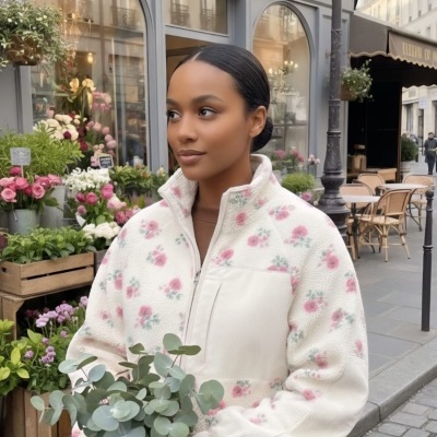Mulher com casaco floral branco segurando folhas verdes em rua em frente à loja FLEURS DE PARIS