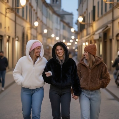 Três mulheres com casacos felpudos e gorros numa rua à noite
