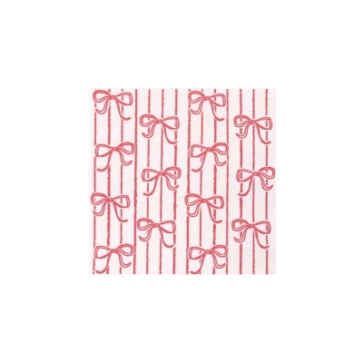 Guardanapo branco com laços vermelhos em faixas verticais.