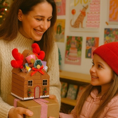 Caixa de presente embrulhada com casa de Natal decorativa em cima, sendo entregue entre duas pessoas em ambiente decorado