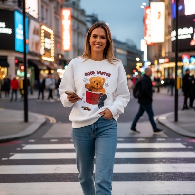 Mulher com sweatshirt branca e jeans azuis numa passagem de peões