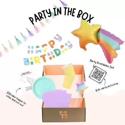 Kit festa colorido com balão estrela, letras de feliz aniversário, pratos, copos e guardanapos