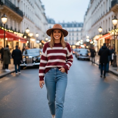 Mulher a caminhar na rua com suéter castanho e branco, jeans azuis, ténis brancos e chapéu castanho