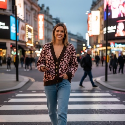 Mulher com cardigã rosa de padrão animal e jeans azuis atravessa passadeira numa rua à noite