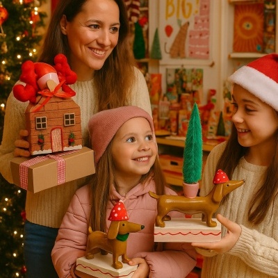 Pessoas com decorações natalícias e presentes em ambiente festivo