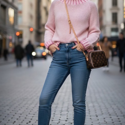 Mulher com camisola rosa, jeans azuis e mala castanha com padrão monograma na rua