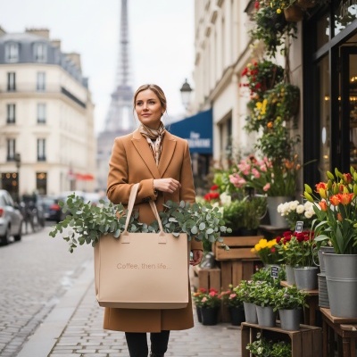 Mulher com casaco bege segurando saco com folhas verdes numa rua com loja de flores e Torre Eiffel ao fundo