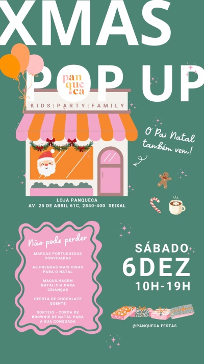 Cartaz de evento Natal Panqueca com loja ilustrada e texto de promoção