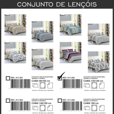 Seis conjuntos de lençóis em diferentes cores e padrões expostos sobre camas em quartos claros with texto e referências de produto