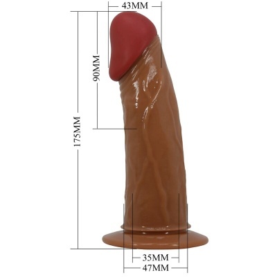 Dildo castanho com ponta vermelha e base circular, com medidas em milímetros