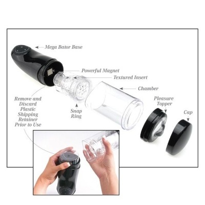 Dispositivo preto Mega Bator Base com várias peças transparentes desmontáveis com texto explicativo