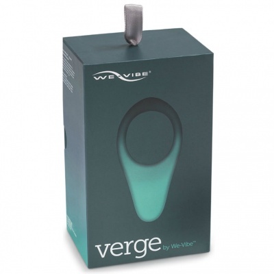 Embalagem verde de produto 'verge by We-Vibe' com acessório em forma de anel