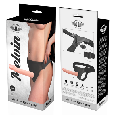 Embalagem de strap-on preto com pénis cor de pele da marca Harness Attraction