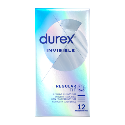 Embalagem holográfica prateada de preservativos Durex Invisible Regular Fit com 12 unidades