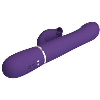 vibrador de silicone roxo com apêndice e botões brancos