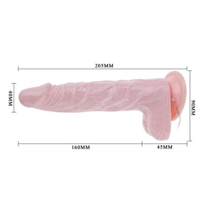 Dildo cor de pele com textura realista e ventosa na base, dimensões indicadas