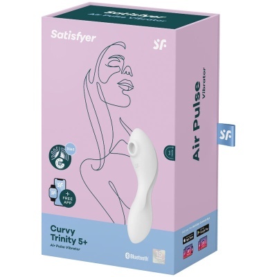 Embalagem do vibrador Satisfyer Curvy Trinity 5+ com fundo rosa e azul e imagem do produto branco