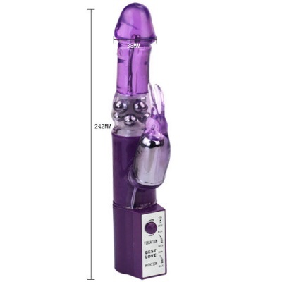 Vibrador roxo translúcido com acessório em forma de coelho e base com botões