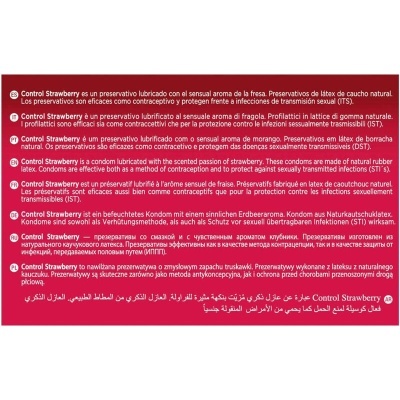 Texto informativo sobre preservativos Control Strawberry em várias línguas sobre características e eficácia