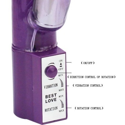 Dispositivo vibrador roxo com botões de controlo e texto explicativo