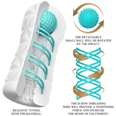 Produto branco com interior azul texturizado e texto em inglês sobre suas funcionalidades