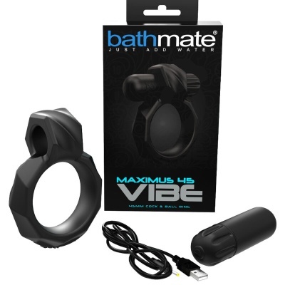 Anel vibratório preto Bathmate Maximus 45 Vibe com dispositivo e cabo USB em embalagem preta