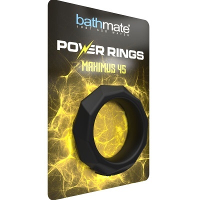 Embalagem de Power Rings Maximus 45 da bathmate com anel preto e fundo preto com efeitos amarelos