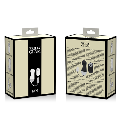 Caixa de vibrador BRILLY GLAM IAN, branco e preto, com texto informativo.