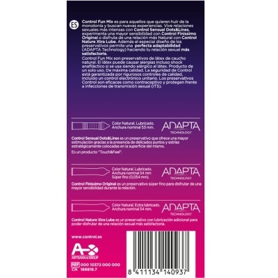 Embalagem de preservativos Control Fun Mix com texto explicativo e código de barras