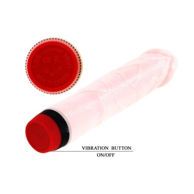 Vibrador rosa claro com botão vermelho e tampa preta