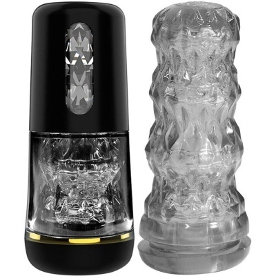 Dispositivo masculino preto com capa transparente gelatinosa ao lado