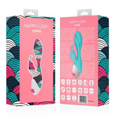 Embalagem colorida de vibrador Happy Loky Miki com padrão de ondas e texto informativo.