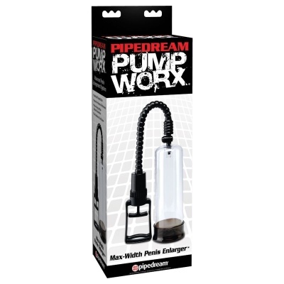 Embalagem da bomba peniana PIPEDREAM PUMP WORX Max-Width Penis Enlarger preta e transparente