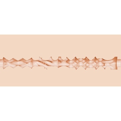 Dispositivo cilíndrico bege com texturas internas variadas.