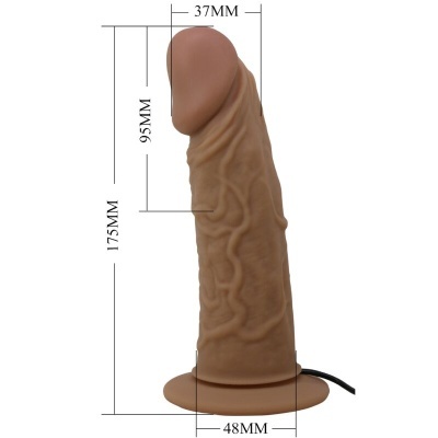 Dildo realista castanho com textura e medidas visíveis em fundo branco