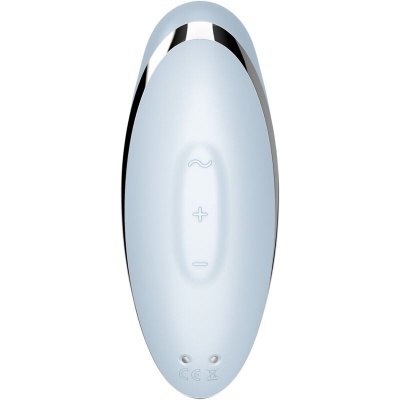 Dispositivo eletrônico branco oval com botões e detalhes cromados