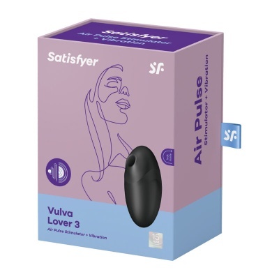 Caixa do Satisfyer Air Pulse Vulva Lover 3, roxa e azul, com dispositivo preto visível