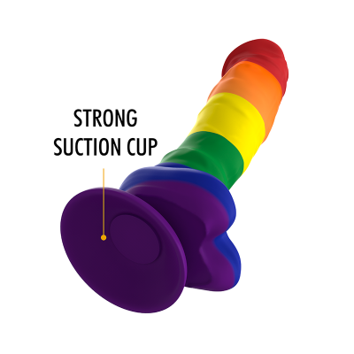 Dildo colorido com ventosa roxa e texto 'STRONG SUCTION CUP'