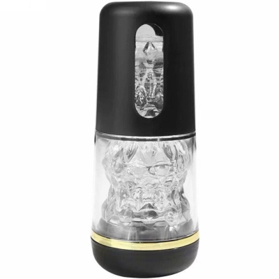 Produto cylindrical preto com tampa preta e detalhe dourado, textura transparente interna ondulada